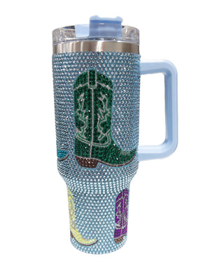 QUEEN OF SPARKLES BLUE COWBOY BOOT RHINESTONE TUMBLER