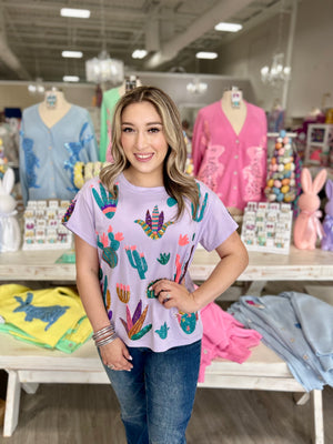 Lavender Scattered Cactus Tee QUEEN OF SPARKLES