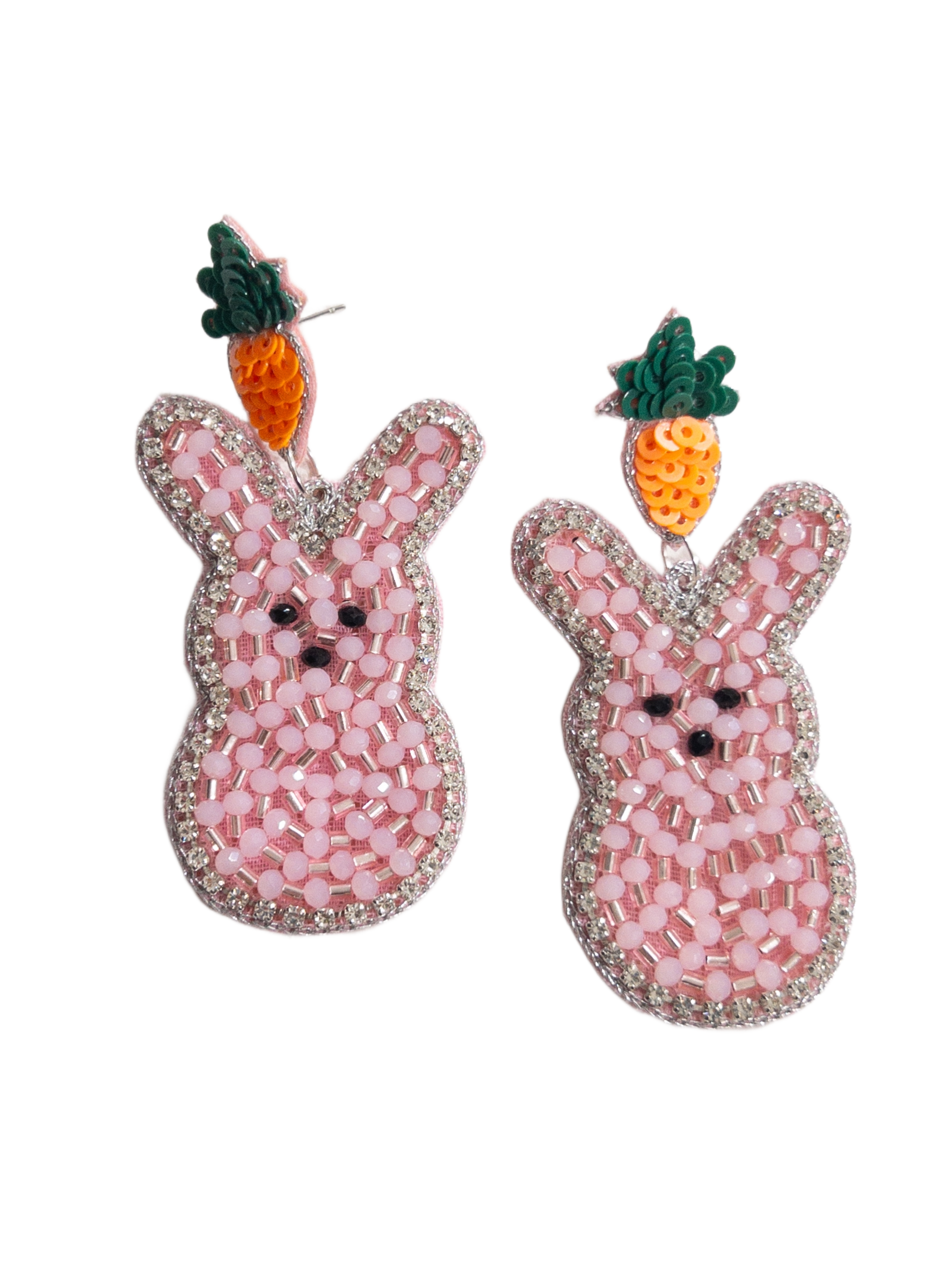 CARROT SEQUIN POST WITH CLEAR LINED BEADED BUNNY EARRINGS JANE MARIE