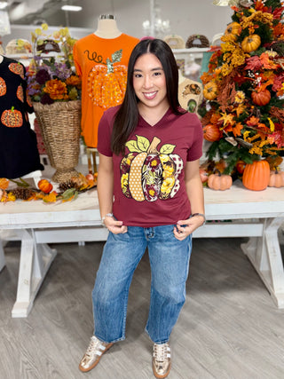 Floral & Patterned Pumpkin V-Neck Tee