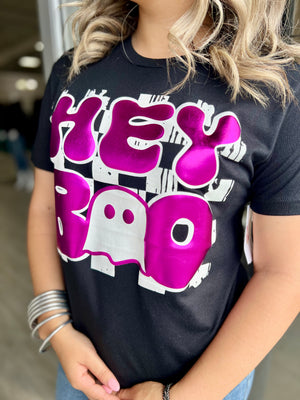 Hey Boo in Pink Metallic Puff Tee