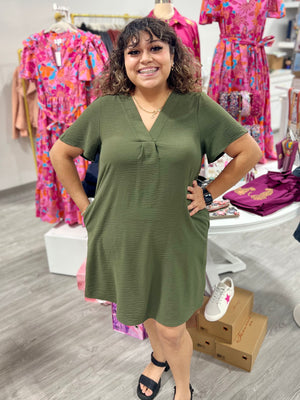 ARMY GREEN BASIC V-NECK DRESS