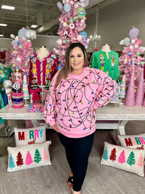 QUEEN OF SPARKLE CHRISTMAS LIGHTS SWEATSHIRT-PINK