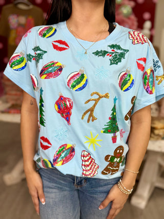 QUEEN OF SPARKLE Blue Christmas Icons Tee