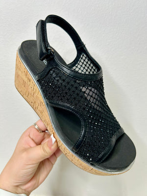 CORKY BLACK MESH WEDGES