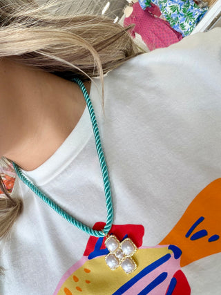 Baby Blue Rope Necklace- pearl cross