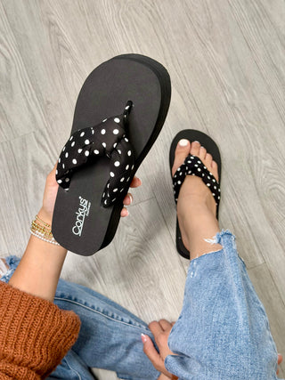 YOU GO GIRL CORKY BLACK WHITE POLKA DOT SANDALS
