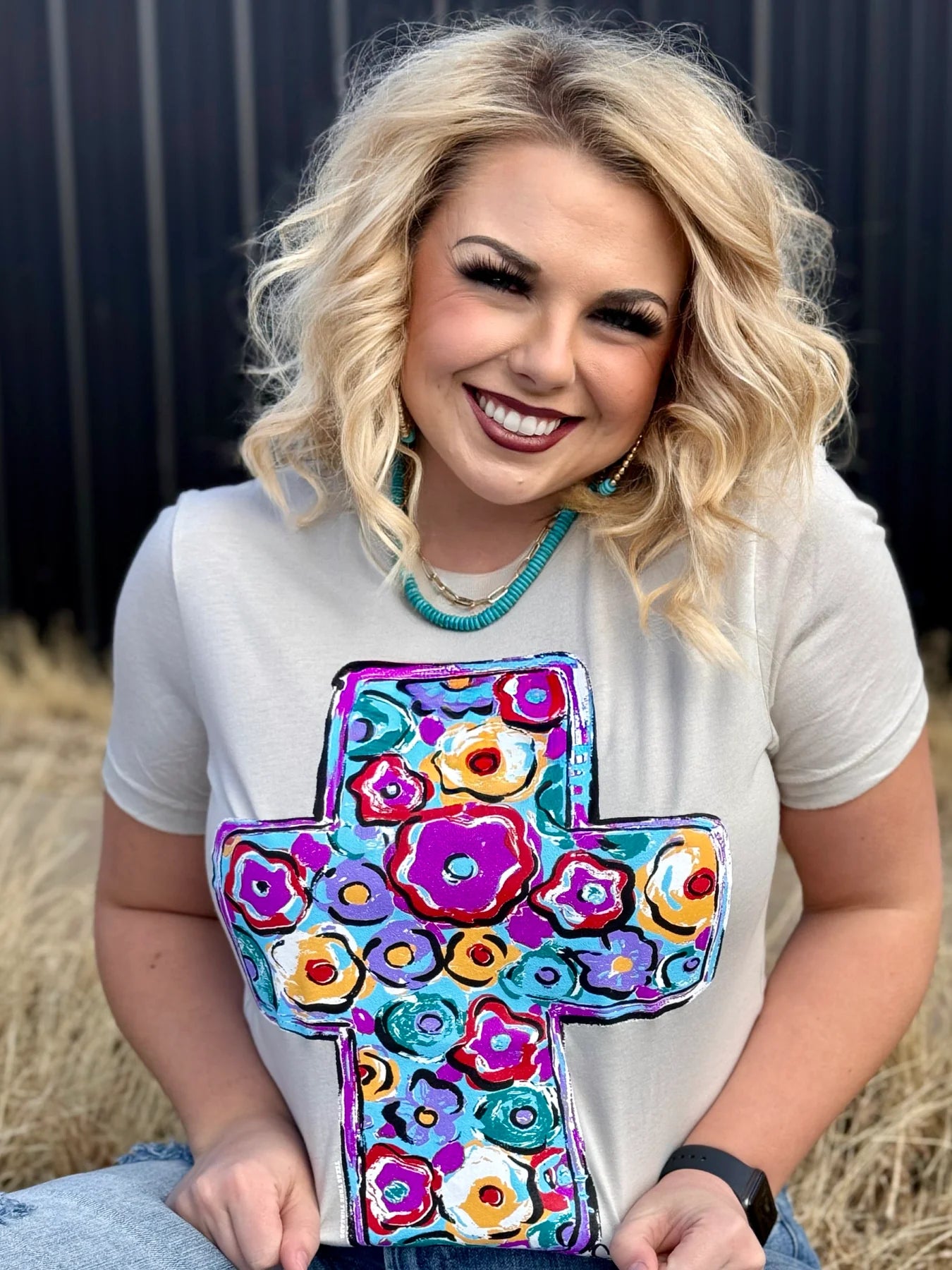 CALLIE ANN STELTER PURPLE FLORAL CROSS HEATHER TEE