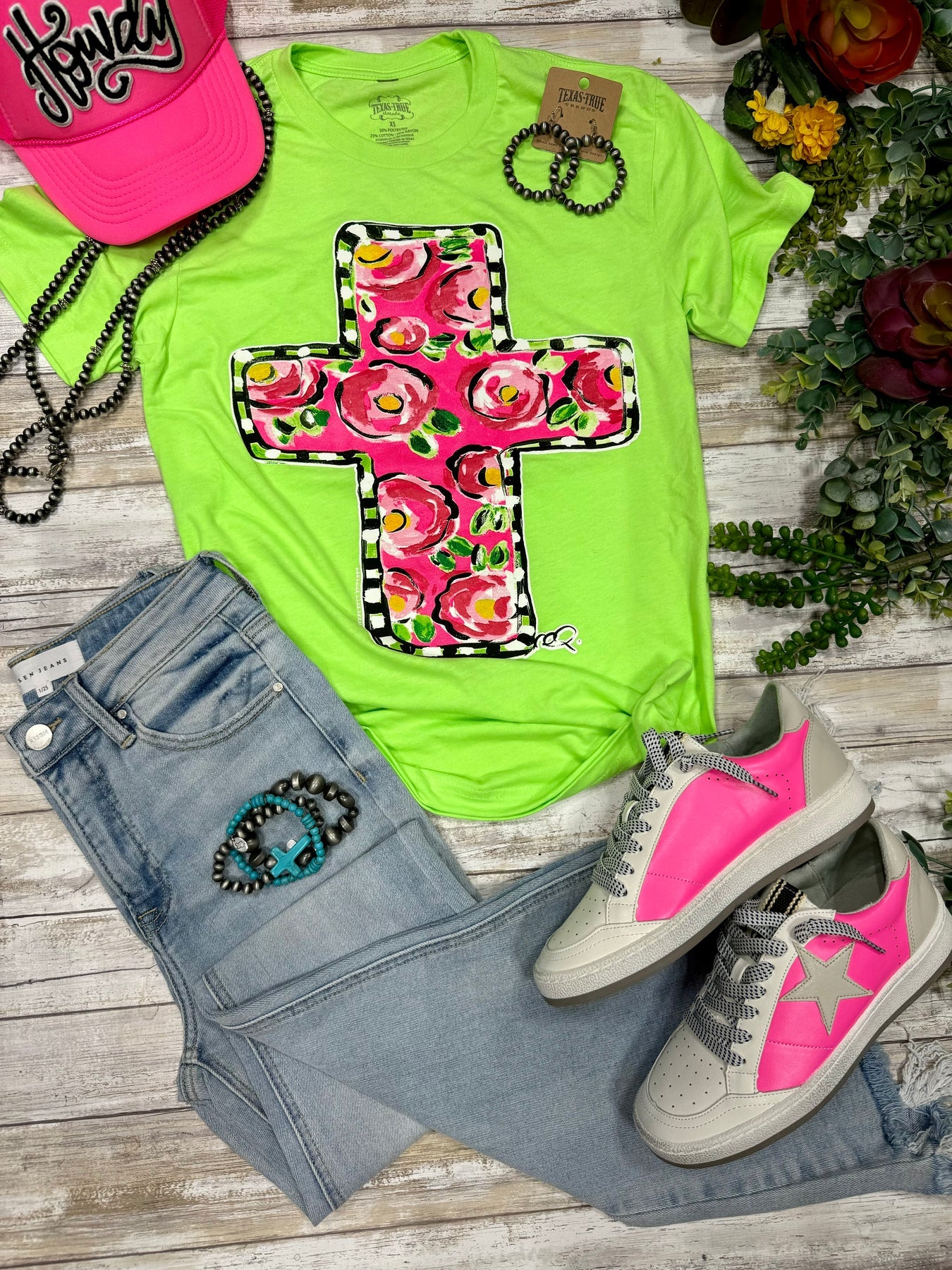 CALLIE FLORAL NEON GREEN CROSS