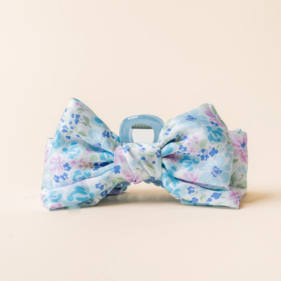 Satin Bow Claw Clip-Secret Garden Blue