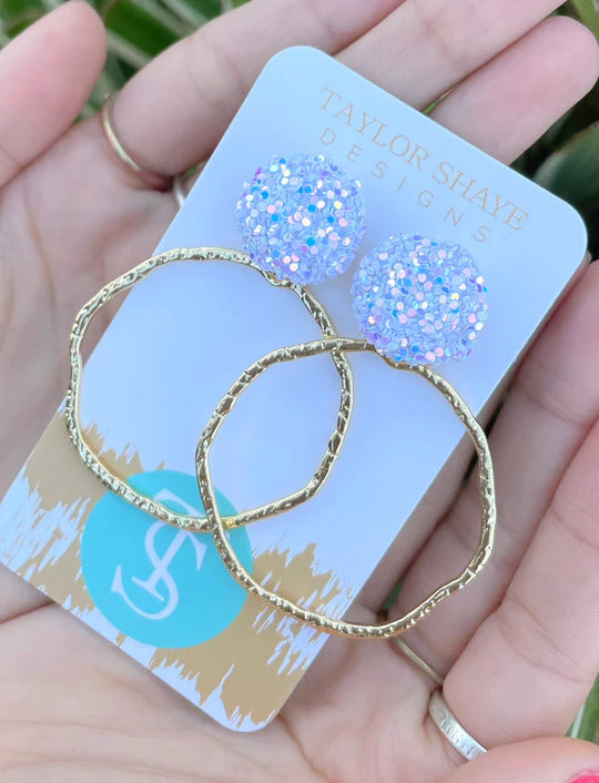 WHITE GLITTER HOOP EARRINGS- TAYLOR SHAYE