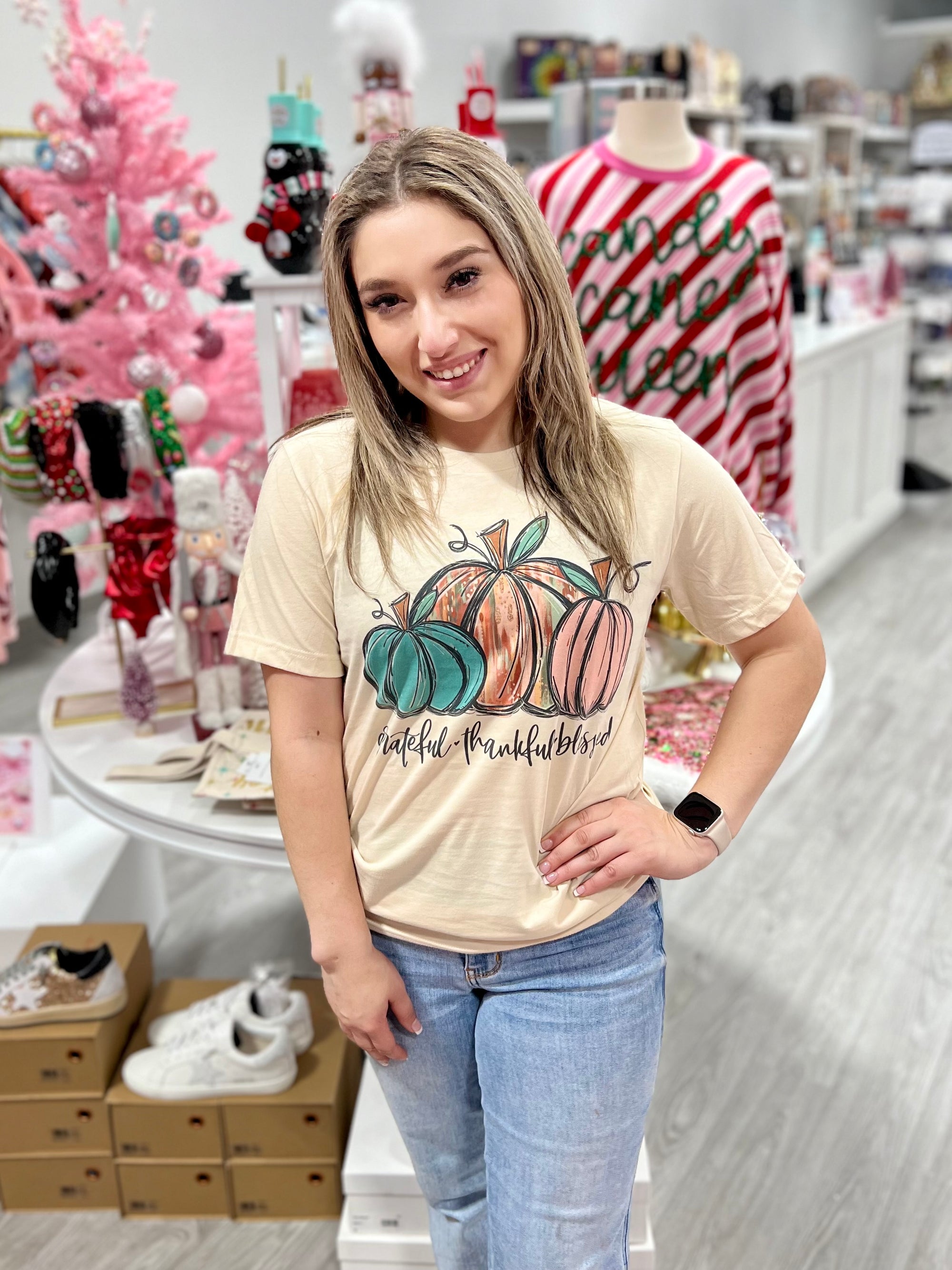 GRATEFUL THANKFUL BLESSED COLORFUL PUMPKIN TEE