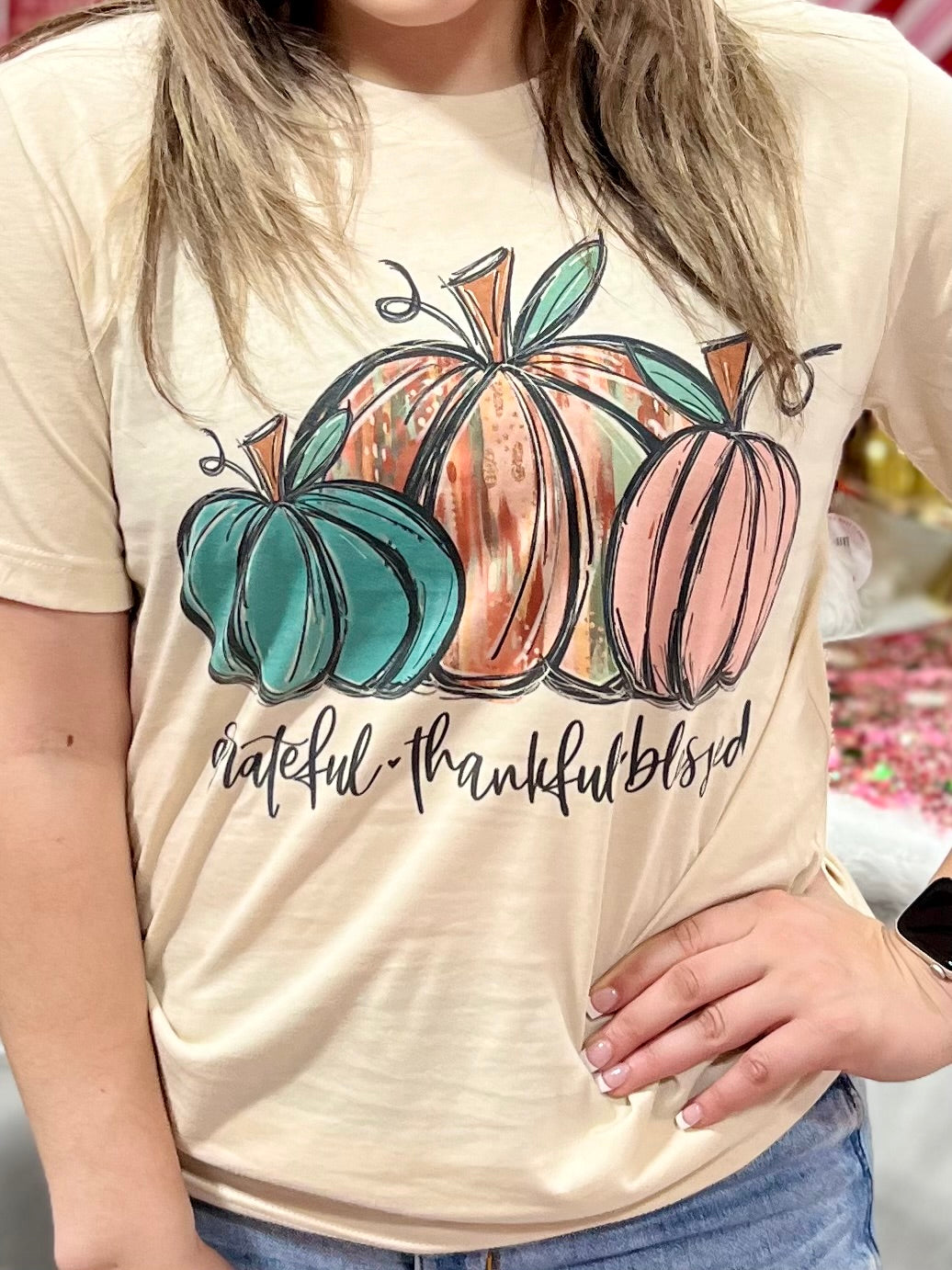 GRATEFUL THANKFUL BLESSED COLORFUL PUMPKIN TEE