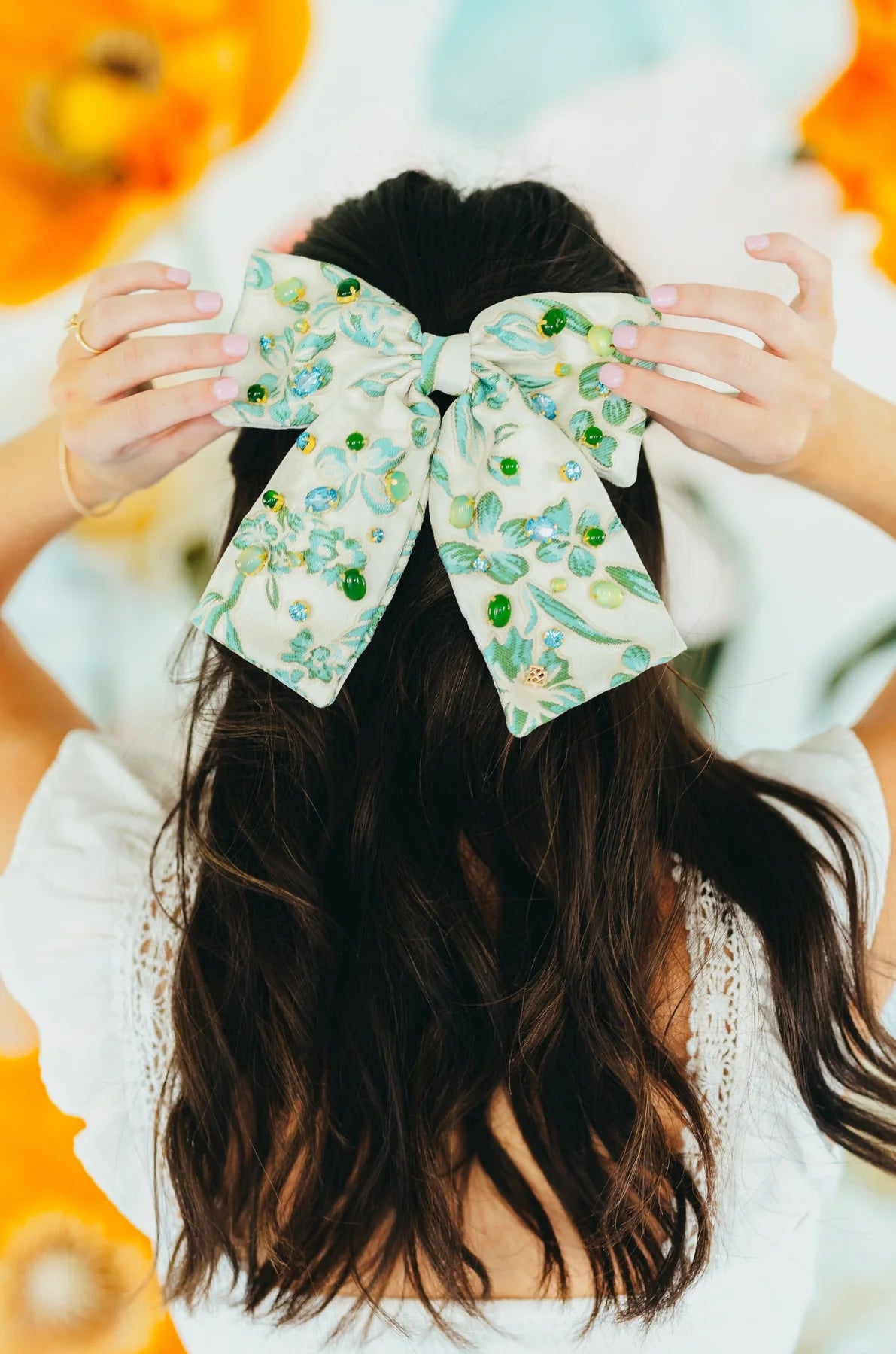 BLUE & GREEN FLORAL BARRETTE BOW WITH CABOCHONS & CRYSTALS