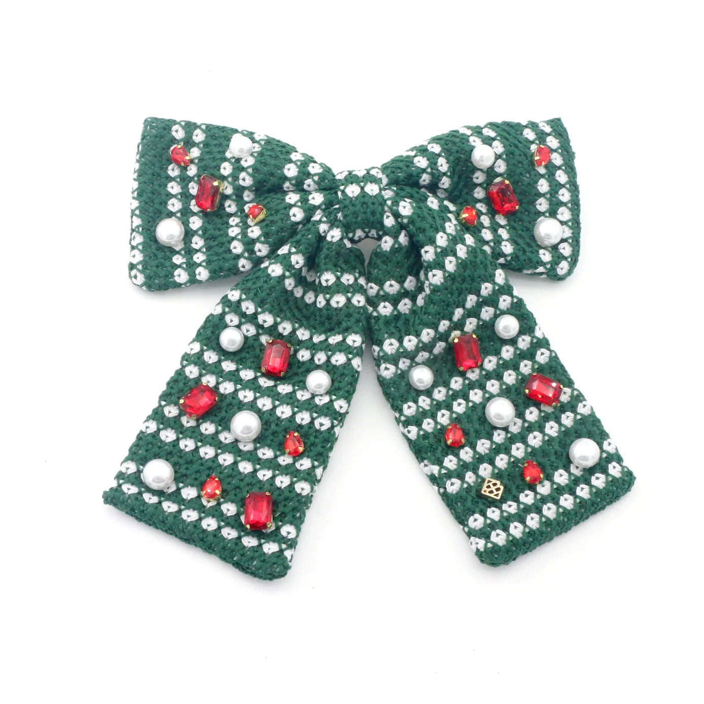 Green & White Knit Winter Bow Barrette with Crystals & Pearls