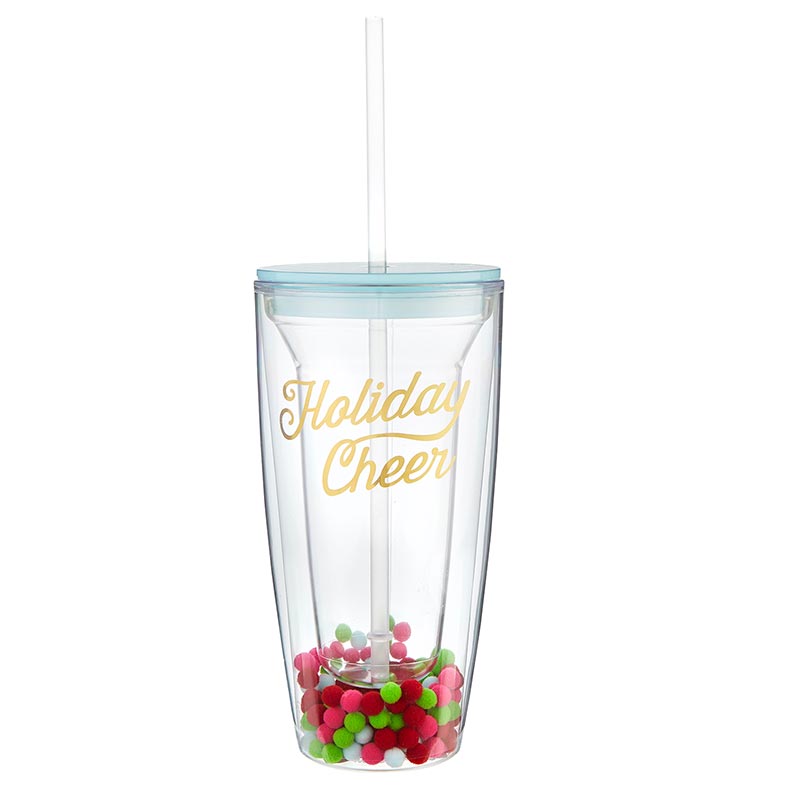 HOLIDAY CHEER POM POM TRAVEL TUMBLER 14oz