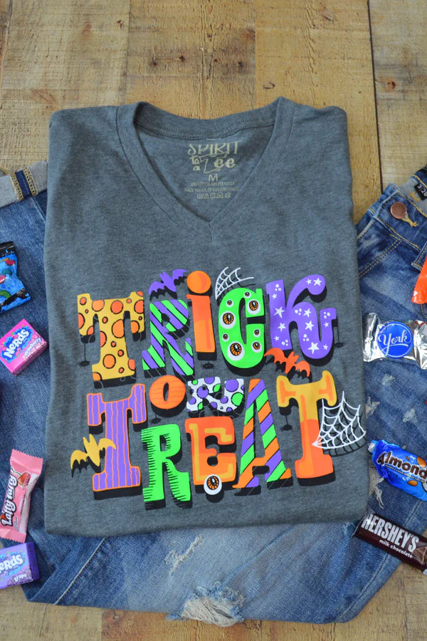 TRICK OR TREAT HALLOWEEN V NECK TEE