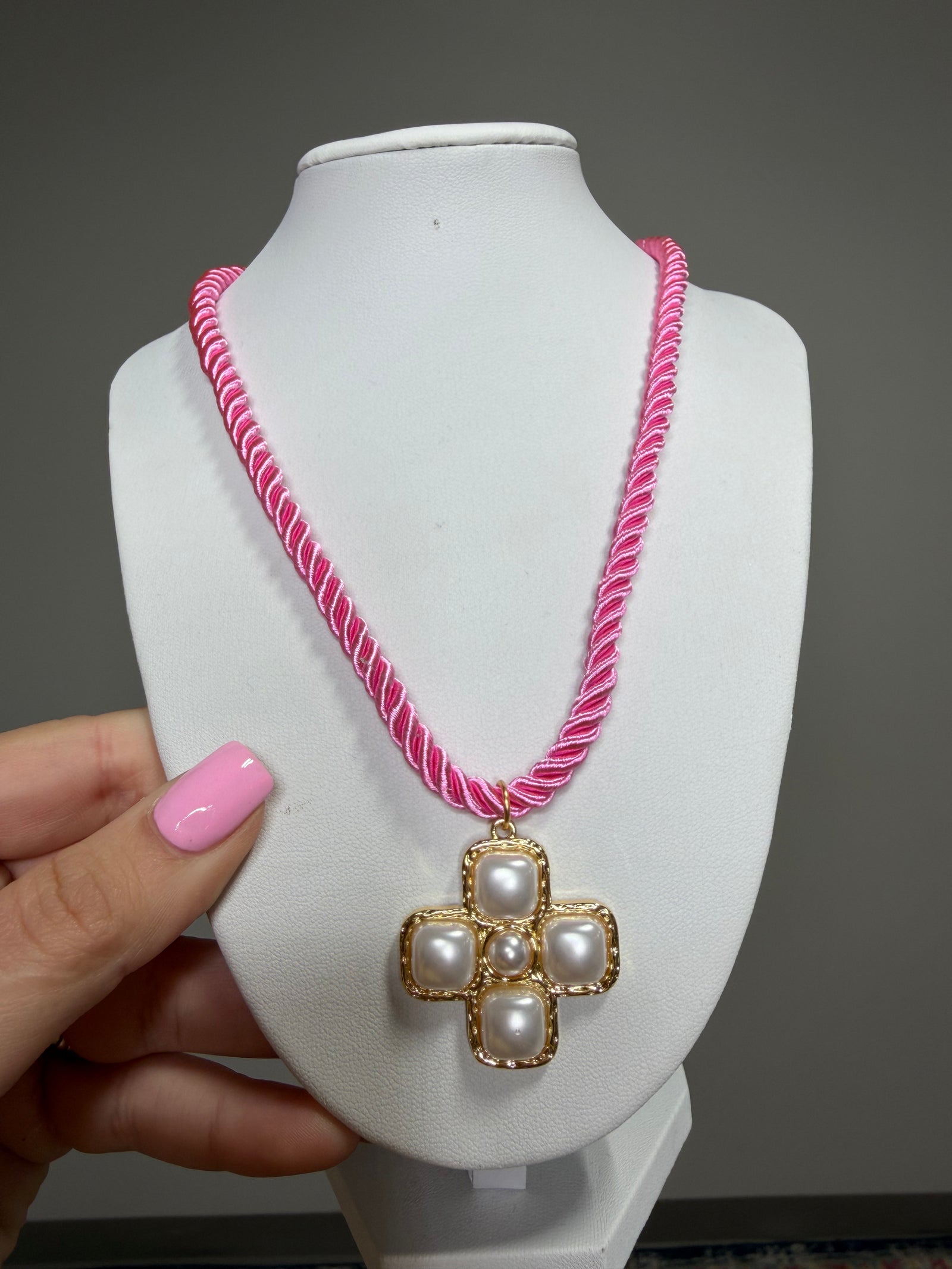 Hot Pink Rope Necklace-pearl cross