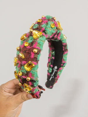 GREEN AND PINK PATCHWORK TWEED HEADBAND WITH CRYSTALS AND BEADS