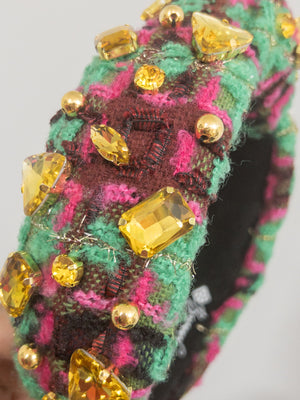 GREEN AND PINK PATCHWORK TWEED HEADBAND WITH CRYSTALS AND BEADS