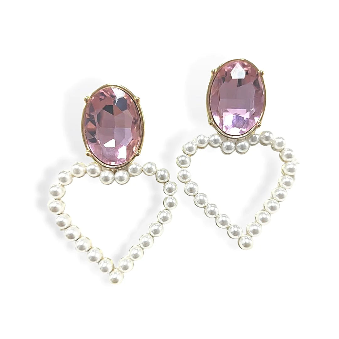 BC X Stylin Brunette- Blush Pink Jewel & Pearl Heart Earrings