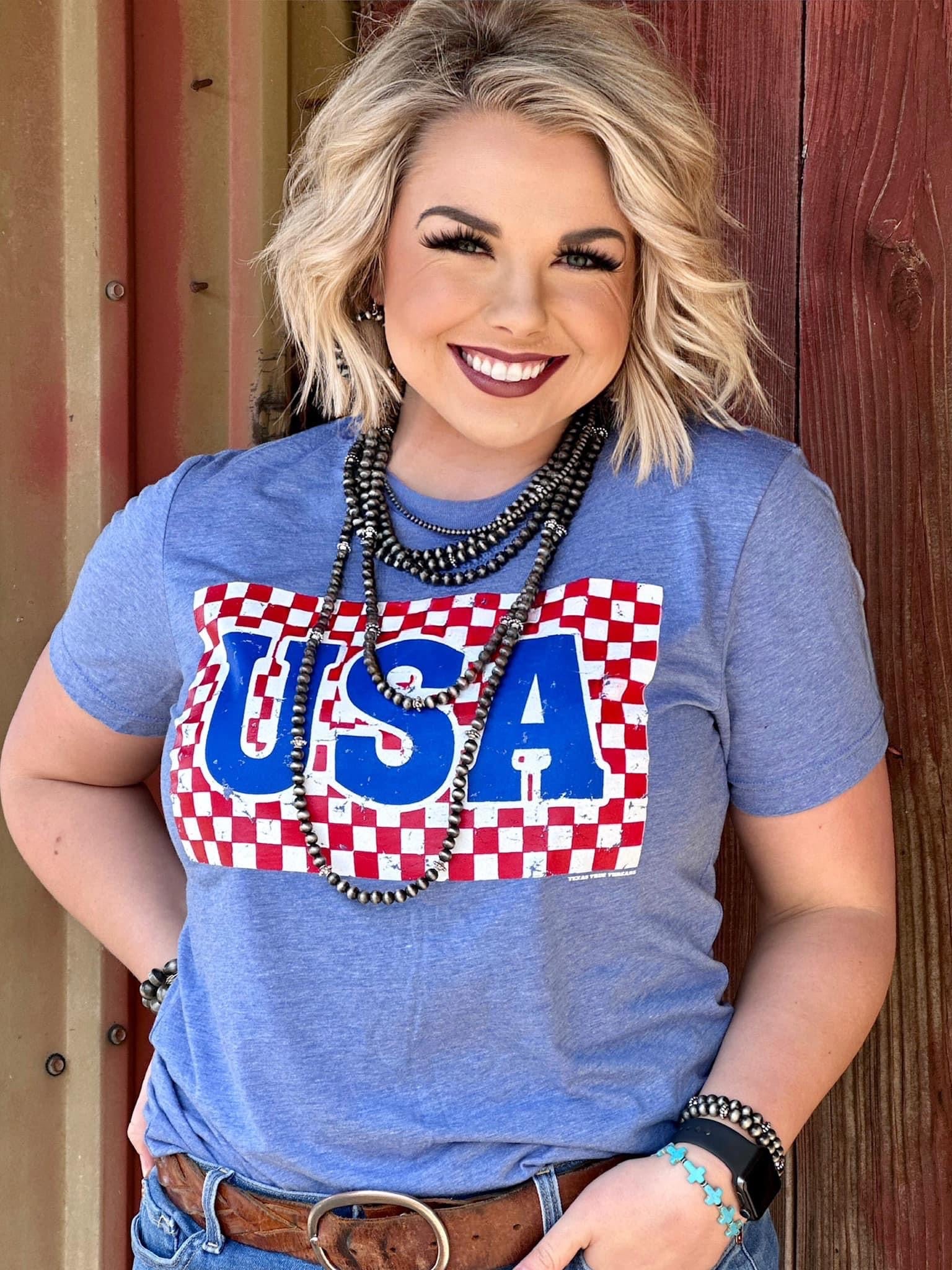 USA CHECKERED BLUE GLITTER TEE