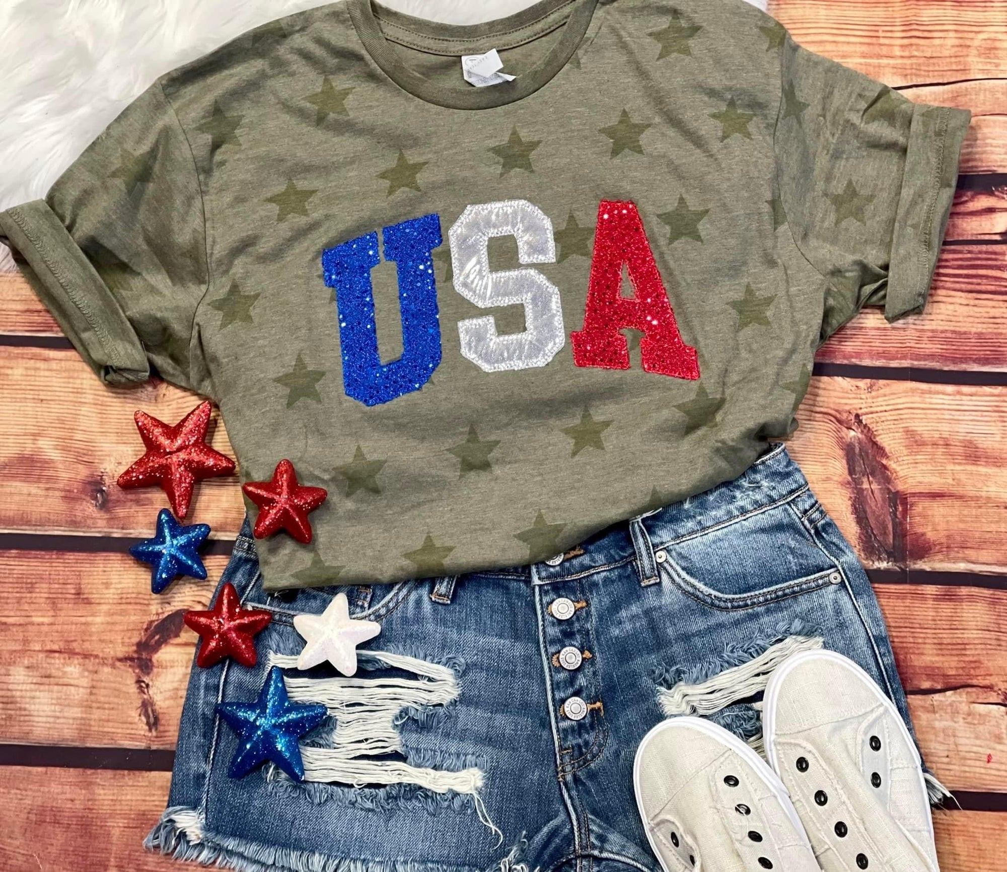 USA APPLIQUE OLIVE STAR  TEE