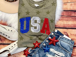 USA APPLIQUE OLIVE STAR  TEE