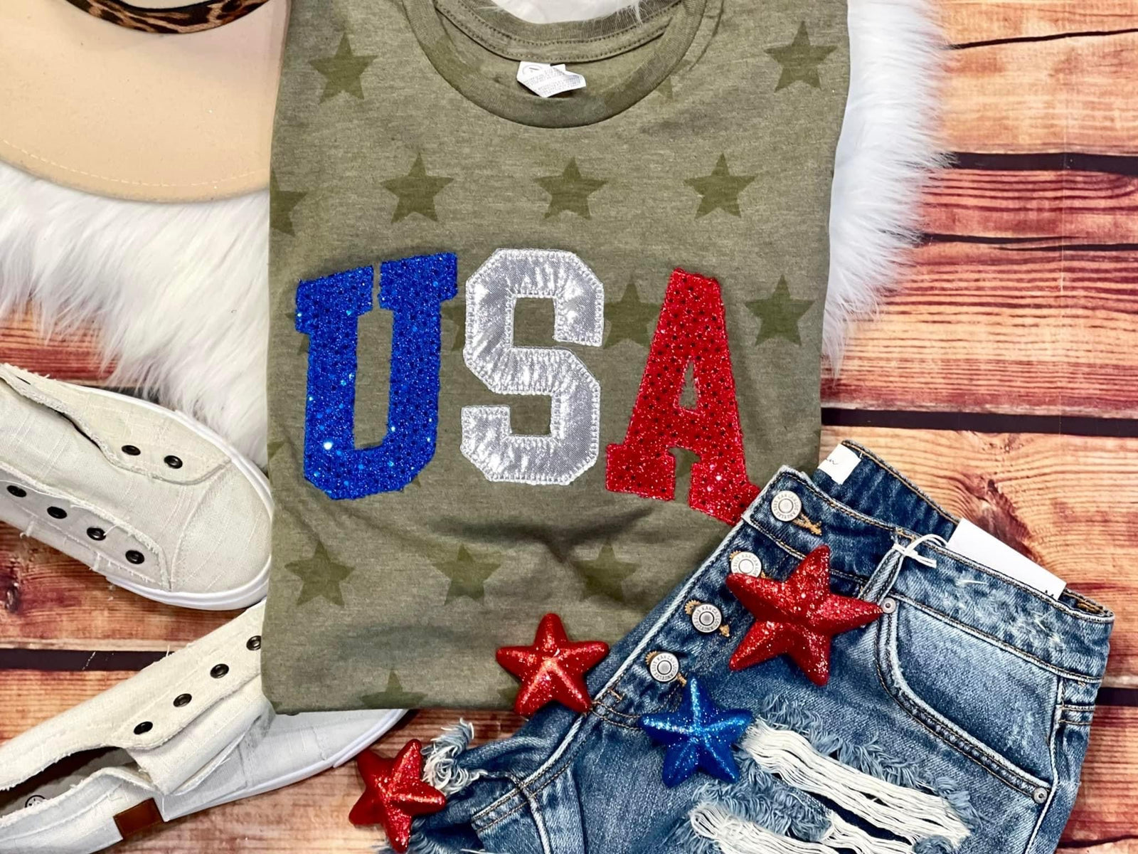 USA APPLIQUE OLIVE STAR  TEE