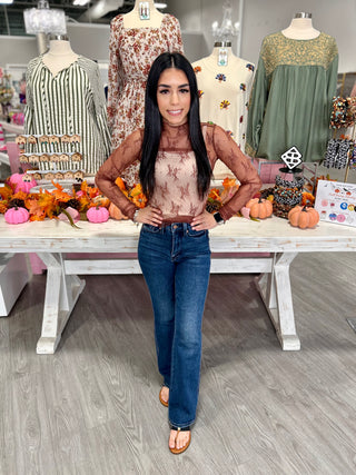 RED BROWN LACE LONG SLEEVE TOP