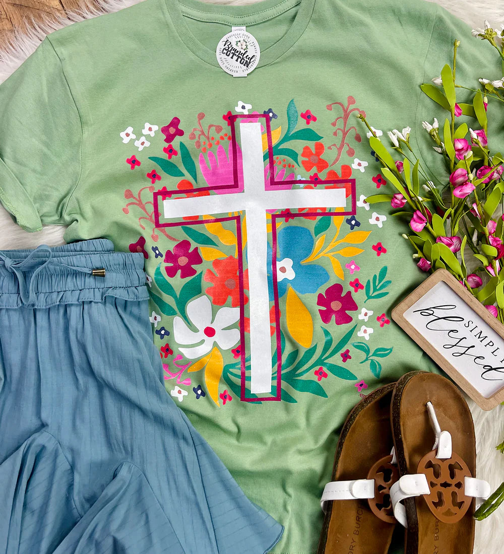 SAGE FLORAL CROSS TEE