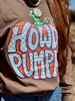 Howdy Pumpkin Glitter Puff Brown Sweatshirt