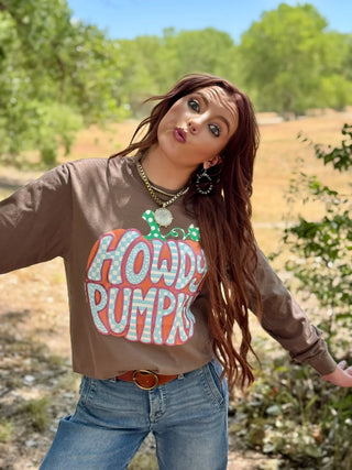 Howdy Pumpkin Glitter Puff Brown Sweatshirt