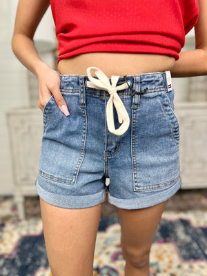 GRACIE COOL DENIM PULL ON DRAWSTRING JUDY BLUE SHORTS