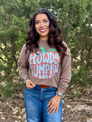 Howdy Pumpkin Glitter Puff Brown Sweatshirt