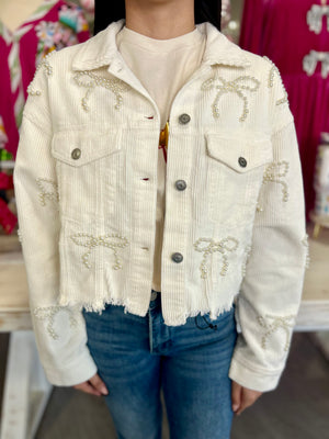 LIZ CORDUROY PEARL BOW CROPPED JACKET