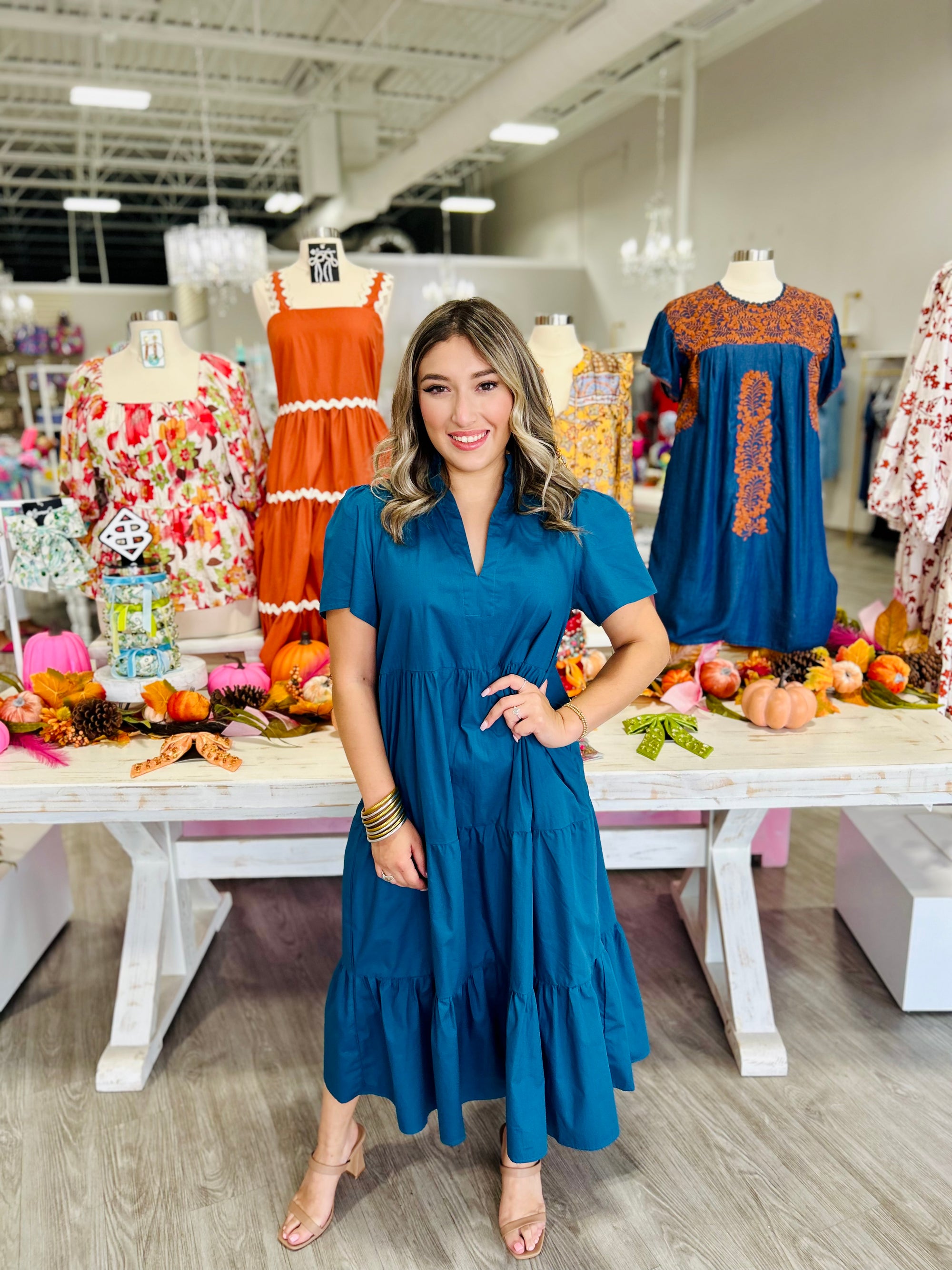 Amayah TEAL Tiered Midi Dress