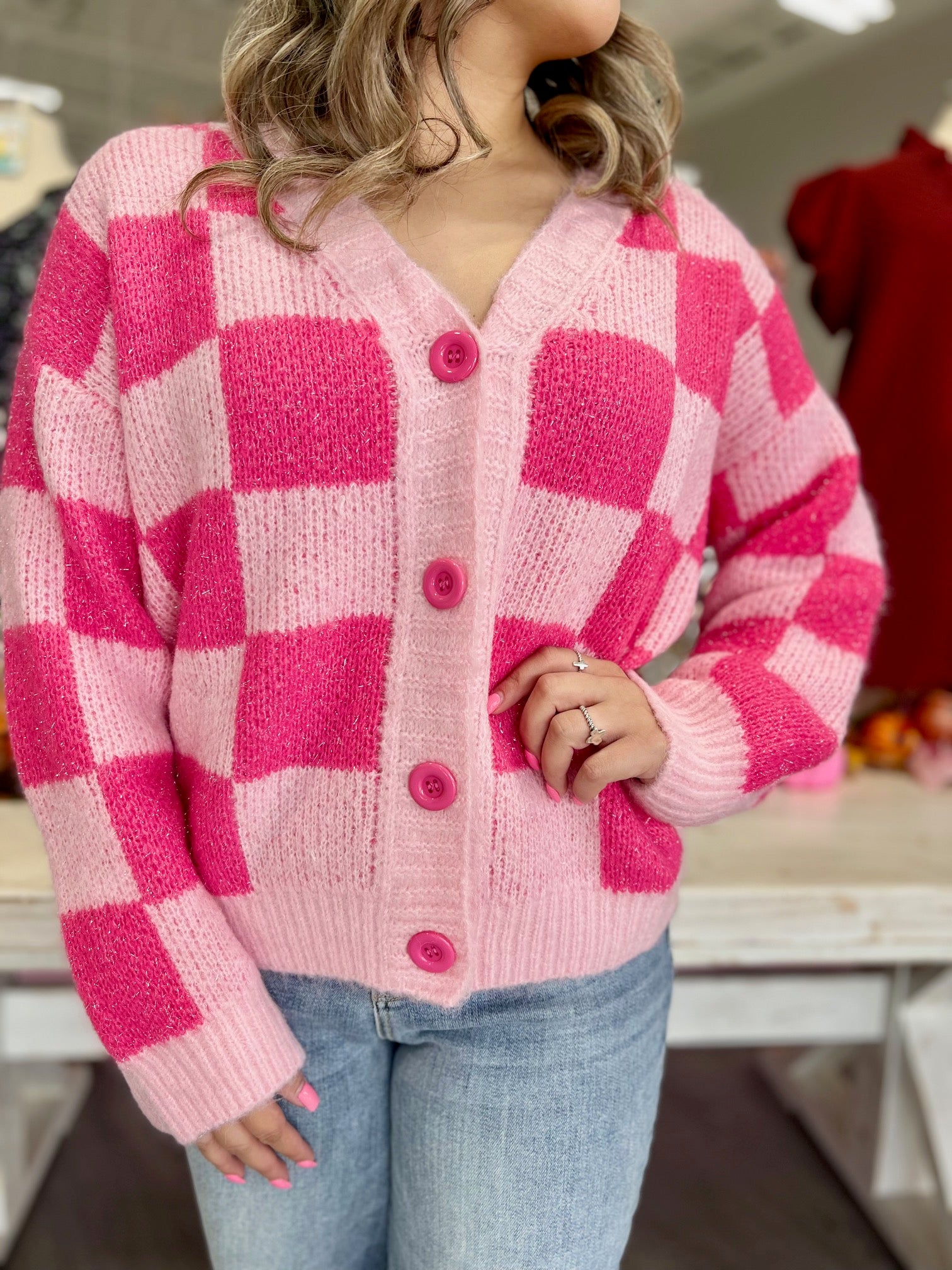 HOT PINK CHECKERED CARDIGAN - Shop Southern Melon Boutique