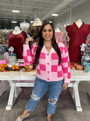 HOT PINK CHECKERED CARDIGAN