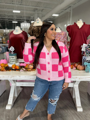 HOT PINK CHECKERED CARDIGAN