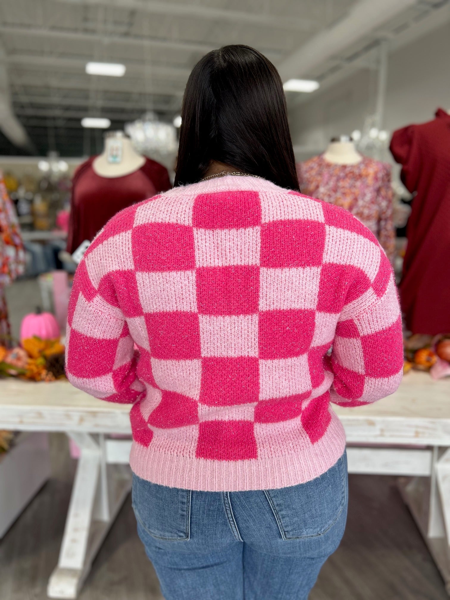 HOT PINK CHECKERED CARDIGAN