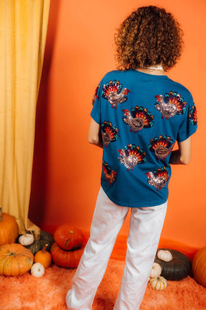 QOS Dark Blue Beaded Turkey All Over Tee