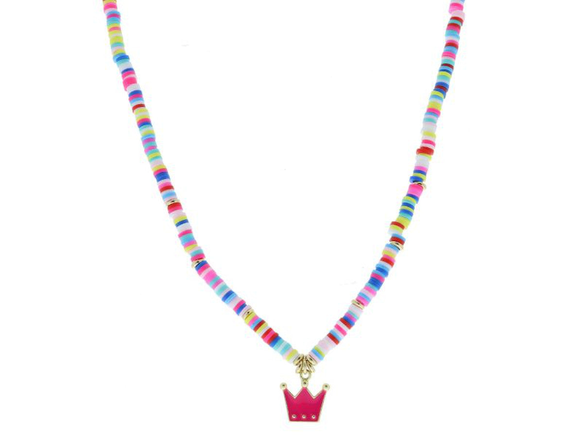 KIDS MULTI SEQUIN BEADED WITH HOT PINK ENAMEL CROWN NECKLACE JANE MARIE