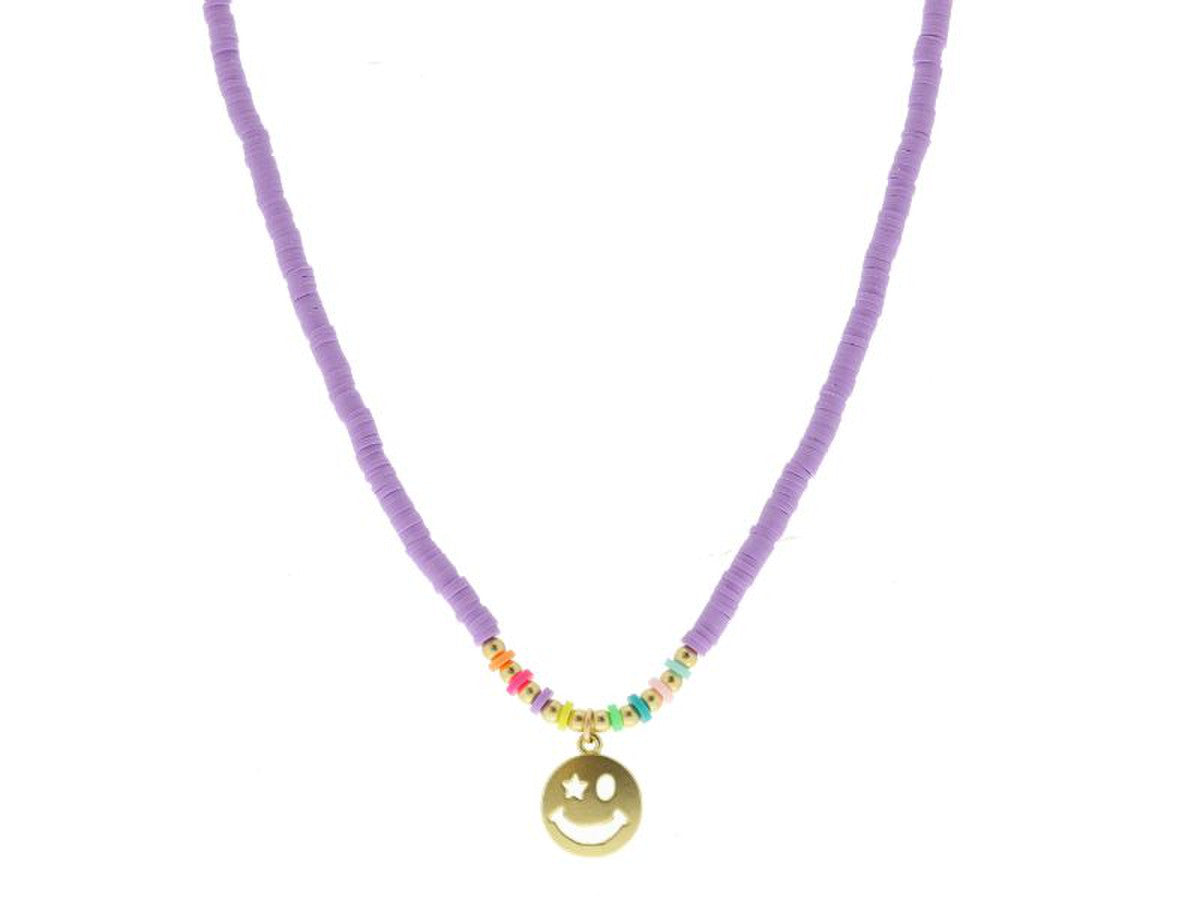 KIDS LAVENDER SEQUIN AND MULTI BEADED WITH GOLD STAR EYED HAPPY FACE NECKLACE JANE MARIE