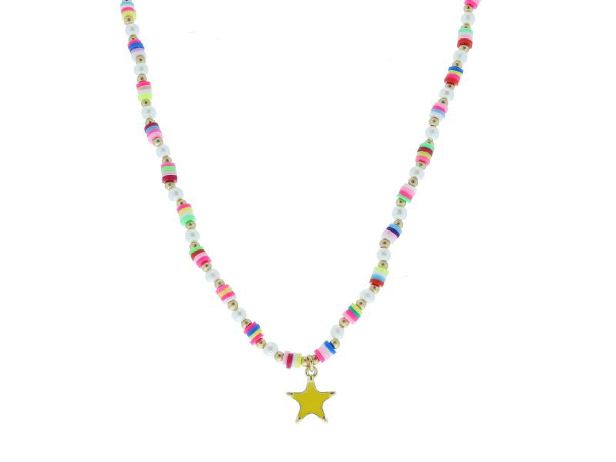 KIDS MULTI RAINBOW SEQUIN, GOLD BALL, PEARL BEADED, YELLOW ENAMEL STAR NECKLACE JANE MARIE