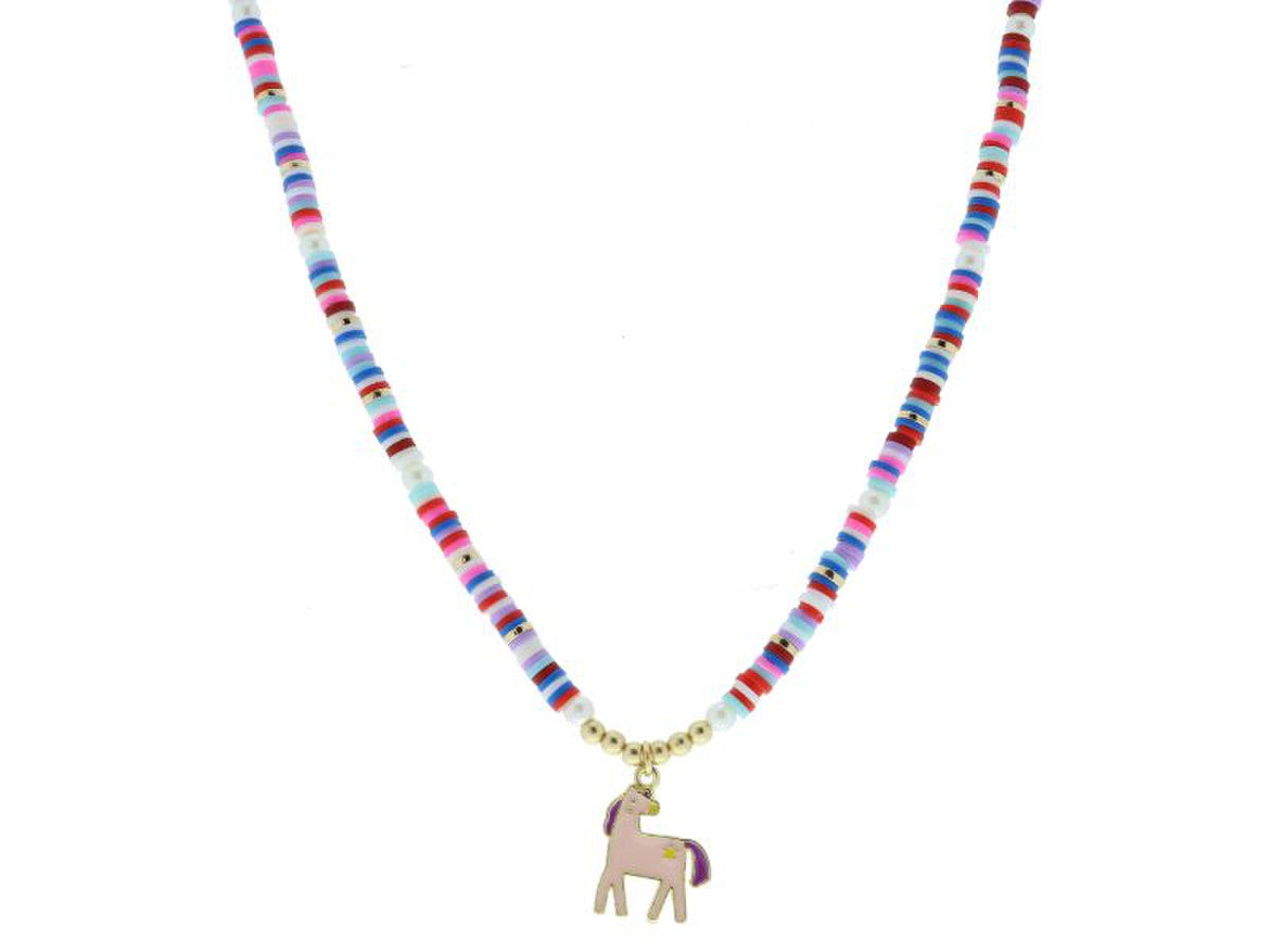 KIDS MULTI SEQUIN AND PEARL BEADED WITH PINK AND PURPLE ENAMEL HORSE NECKLACE JANE MARIE