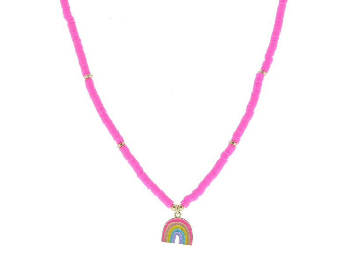 KIDS HOT PINK RUBBER SEQUIN BEADED WITH MULTI ENAMEL RAINBOW NECKLACE JANE MARIE