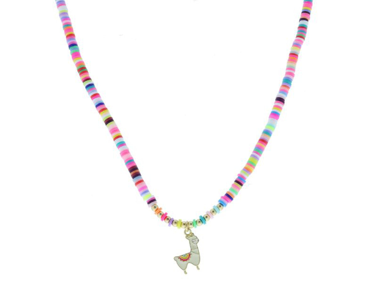 KIDS MULTI RAINBOW RUBBER SEQUIN WITH WHITE AND MULTI ENAMEL LLAMA NECKLACE JANE MARIE