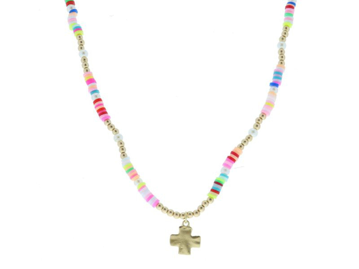 KIDS MULTI RAINBOW SEQUIN, GOLD BALL, PEARL BEADED WITH SQUARE CROSS NECKLACE JANE MARIE