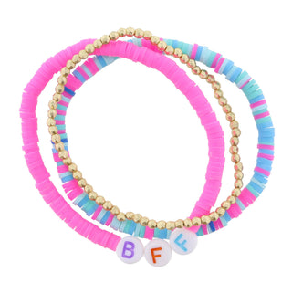 KIDS SET OF 3, "BFF" ON PINK SEQUINS, MULTI TEAL & PINK SEQUINS, FACETED BEADS BRACELET JANE MARIE